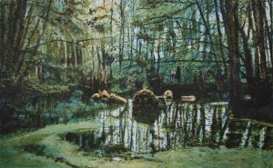 Le Berceau d’Echo<br /><em>(ou l’étang de l’homme oiseau)</em>
80 x 120 cm, huile sur toile, 2020
 *prix au format : 1150€ 