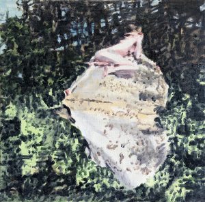Je suis restée bien trop longtemps ici où l’art de jongler avec les névroses..<br />2022, 30x30cm, huile sur toile 
