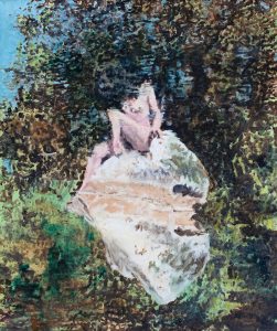 Sur le fil de l’eau, je suis celle que tout le monde voit ou comment s’étendre sur l’entrisme de mes mensonges<br />2023, 50 x 60 cm. Huile sur Toile
