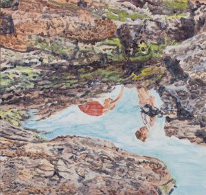 Les tribulations d’un lion de mer dans une coursive<br />2022, huile sur bois, 28,5 x 30 cm. 

*prix au format : 250€ # prix spécial : 150€