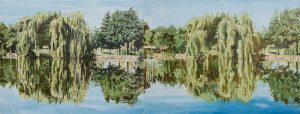 La presbytie du saule qui rit !<br />2019, diptyque constitué du Lapin Crétin et du  Climatosceptique, 73 x 192 cm, huile sur toile, *prix au format : 1813€
