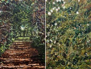 Le Bruit du silence<br />diptyque constitué de La voix (The calling ou Wishes) et la Sieste. 2020, 2 x  150 x 100 cm, huile sur toile.  *prix au format : 3920€