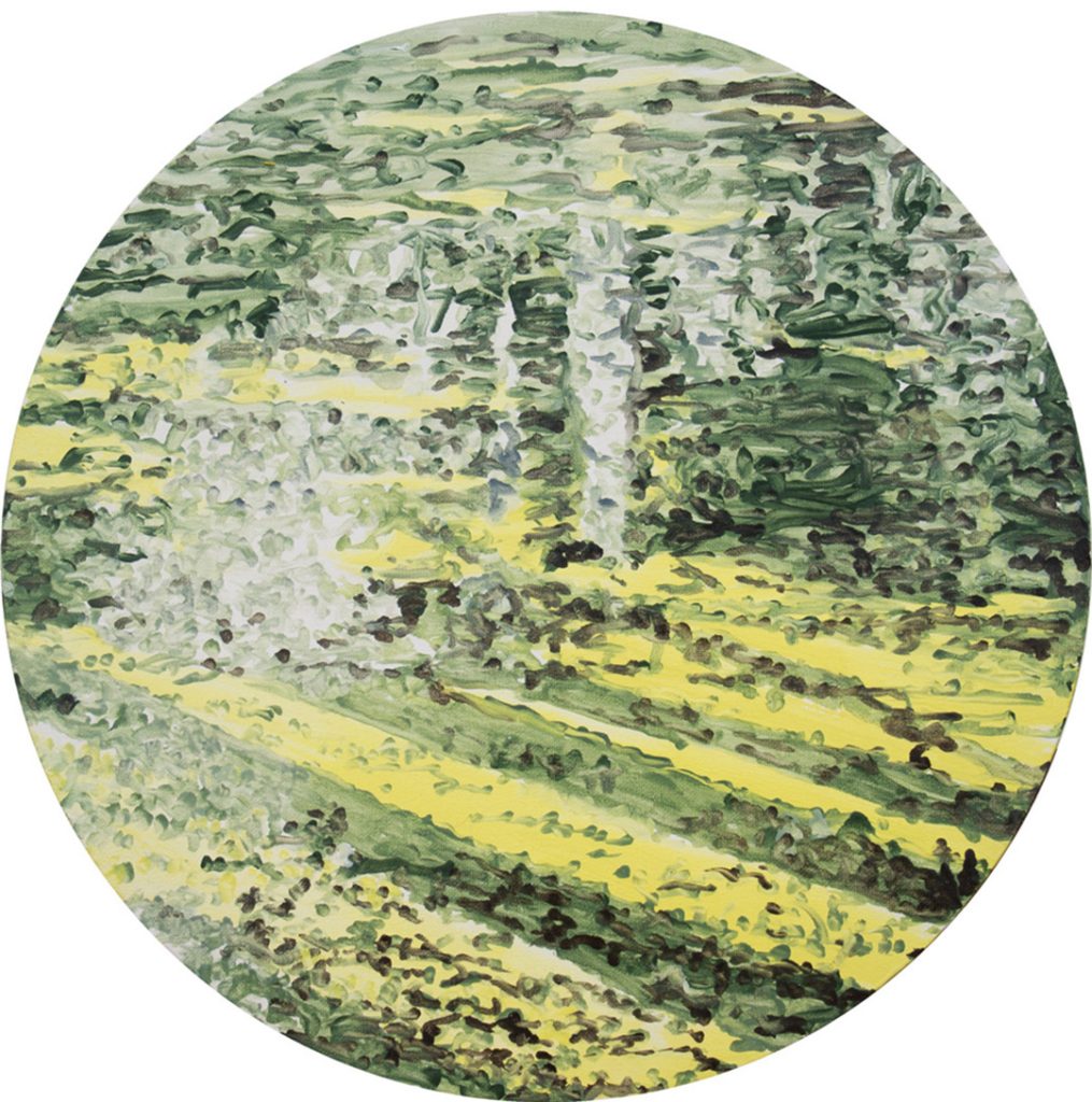 xavier-de-maisonneuve-©-atmospherique-les-Arbres-Volent-2020-Aucun-Boeing-40-cm-de-diametre-huile-sur-toile