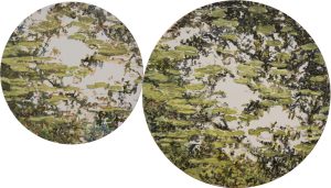 Écrire des phrases à l’envers<br />Écrire des phrases à l’envers
Diptyque, 30 et 40 cm de diamètre, huile sur toile, 2020, collection particulière