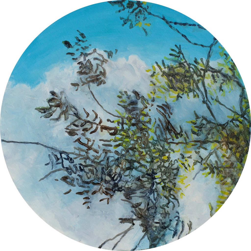 xavier-de-maisonneuve-©-atmospherique-les-Arbres-Volent-2024-Visage-printanier-40-cm-de-diametre-huile-sur-toile