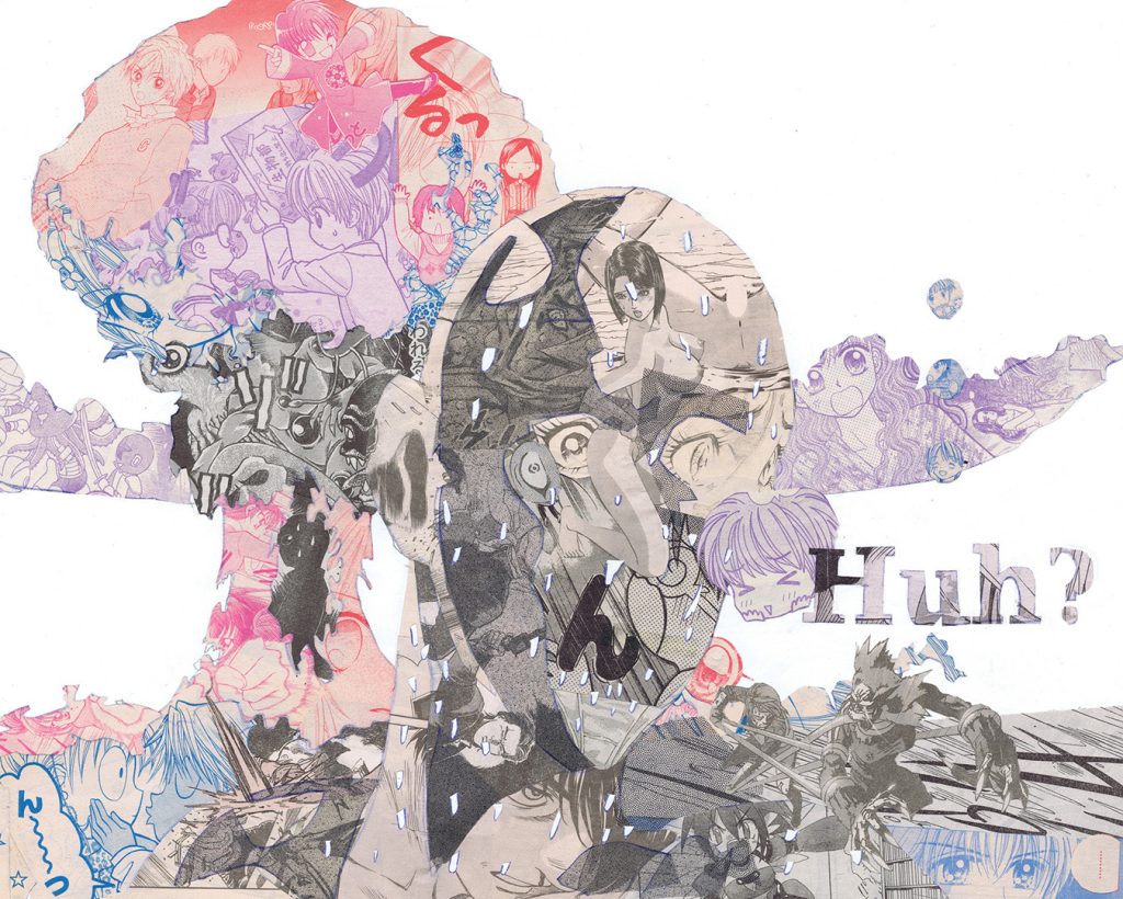 xavier-de-maisonneuve-©-collage-Tsunami-deuxieme-Vague-2014-OMEGA-COMPLEXE-50-x-40-cm-Collage-de-mangas