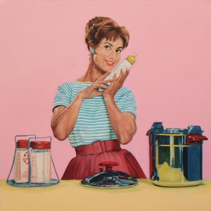 xavier-de-maisonneuve-©-sagesse-et-gourmandises-2007-l-adoration-de-l-heure-doree-du-biberon-100-x-100-cm-laque-glycerophtalique-sur-toile<br />