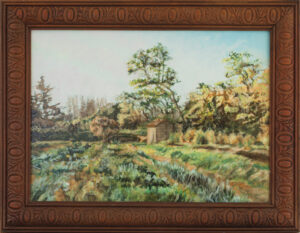 Immersion<br />2026,  36 x 49 cm, huile sur bois,
ss-titre : le potager : cadre bois brun de 60 x 46,5 cm