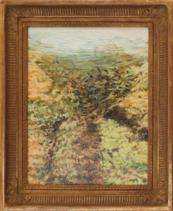 Mimétisme<br />2026, 32,5 x 25 cm, huile sur bois,
cadre doré de 42 x 34,5 cm