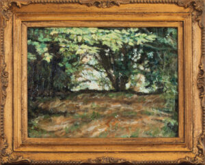 La fourche<br />2026, 18,3 x 24 cm, huile sur bois, 
hommage à courbet, cadre doré de 24,6 x 30,5 cm
